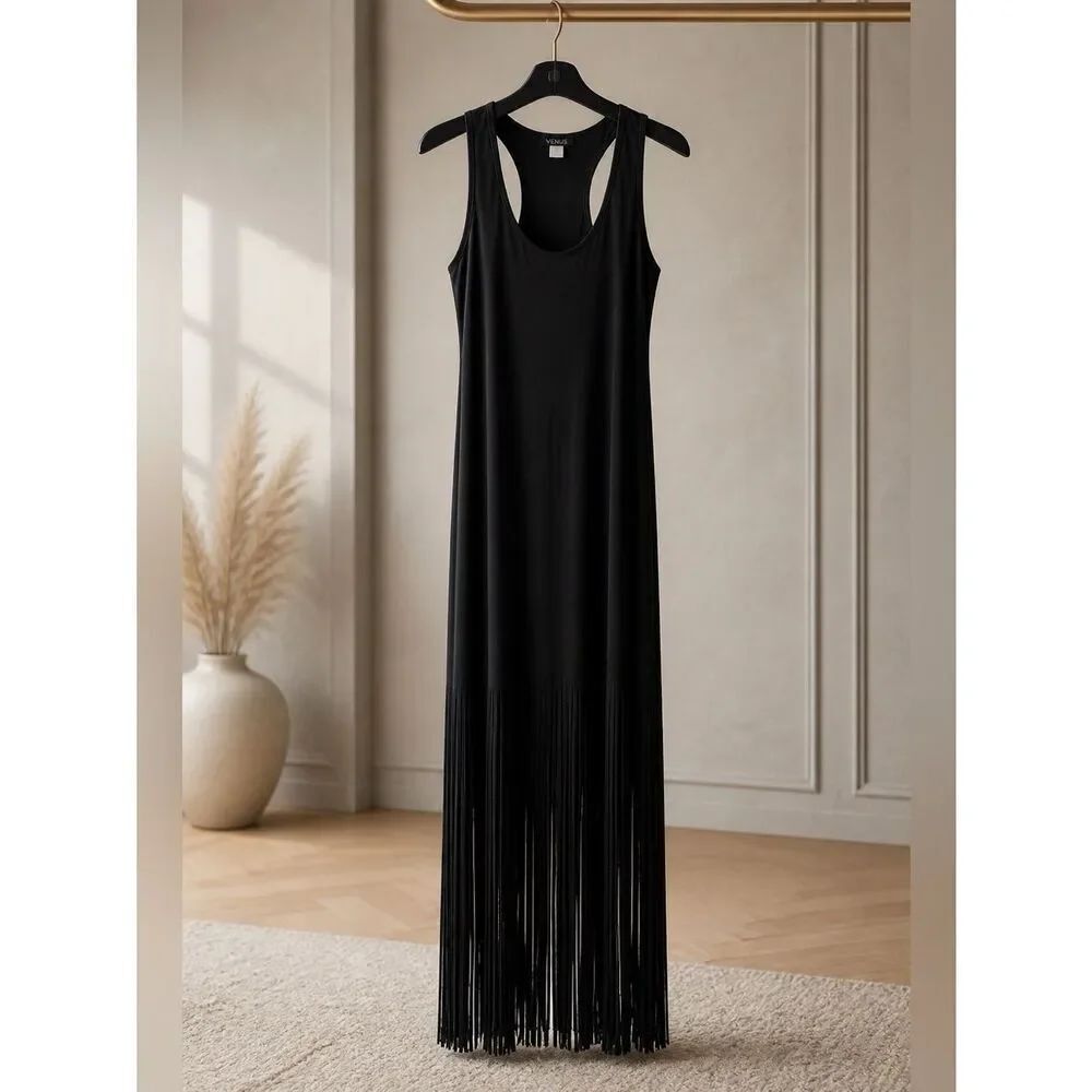 BLACK VENUS SLEEVELESS RACERBACK MACI DRESS WITH BOTTOM FRINGE SIZE XL